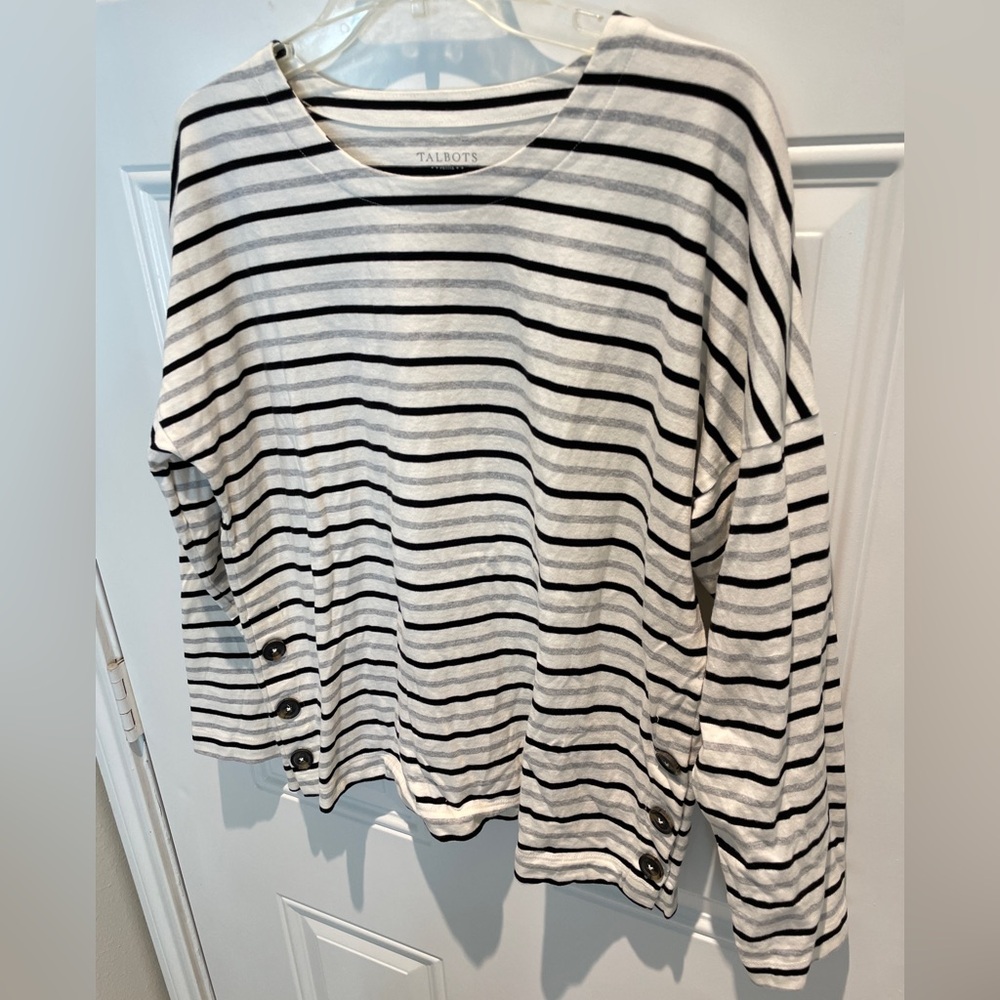 Talbots Black White Striped Cotton Long Sleeve Top Size Petite XL Buttons Gray - Picture 5 of 9